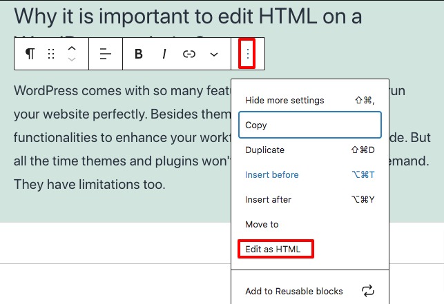 edit HTML in WordPress code editor