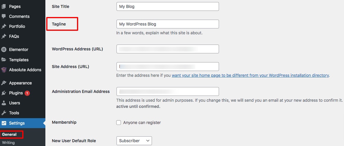 change the tagline of a WordPress website
